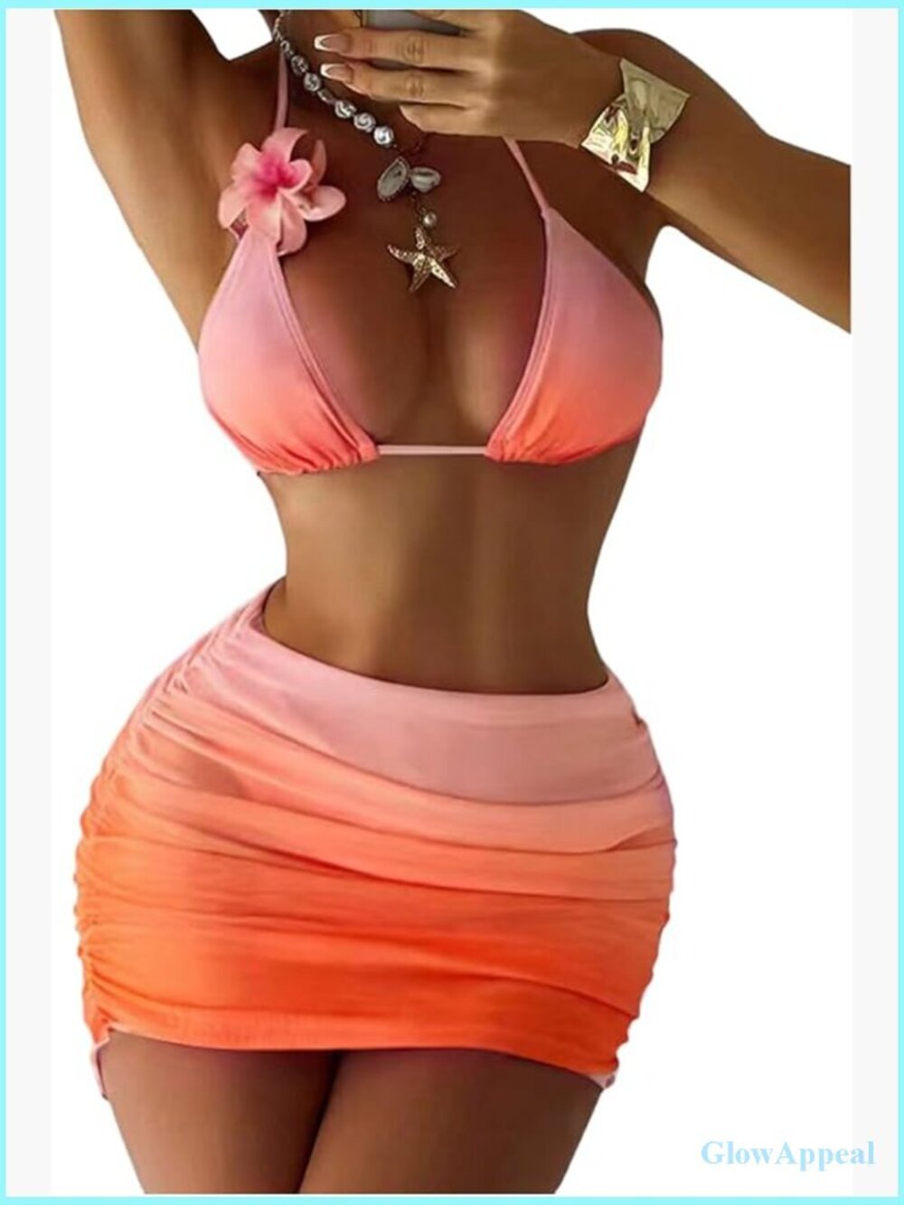 3 Piece Floral Ombre Halter Triangle Bikini Set with Swim Skirt Cover Up